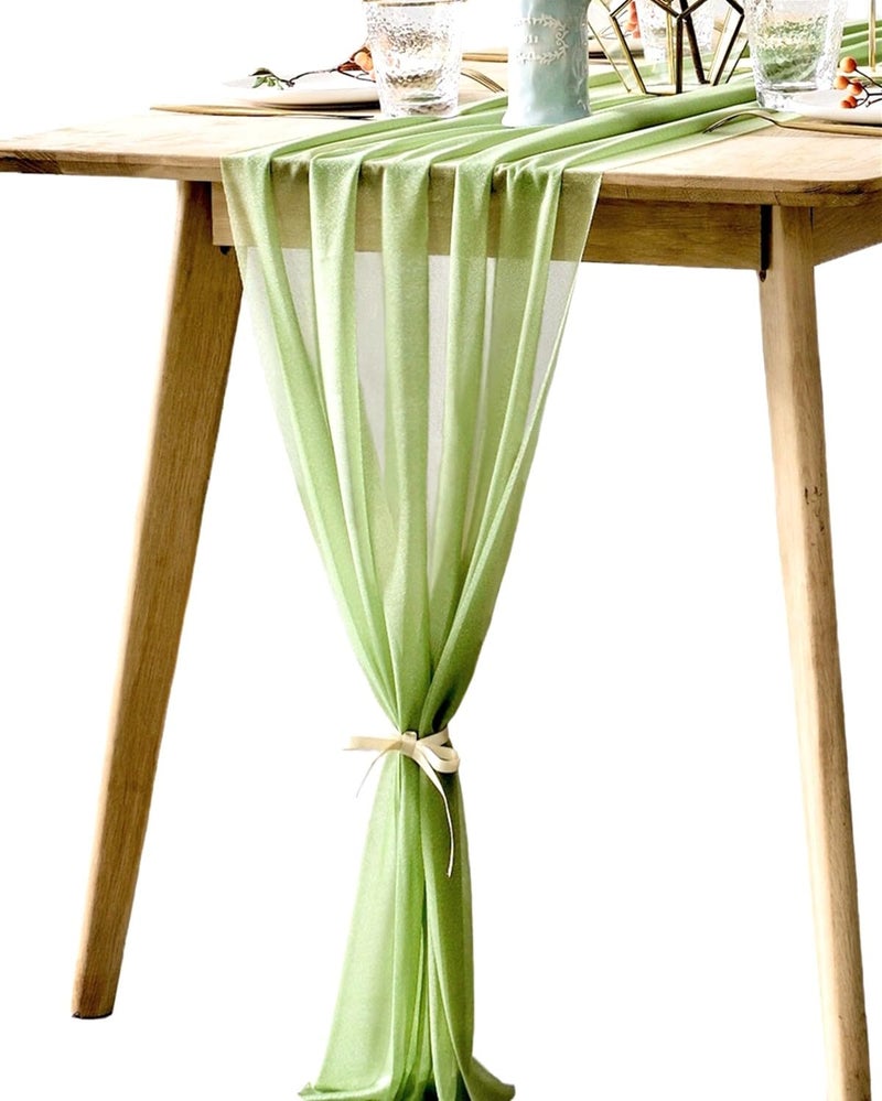 BOXAN Elegant 30x120 Inch Sage Green Sheer Table Runner 10Ft Chiffon Like Overlay for Bohemian Woodland Greenery Wedding Shower Party Decor, Chic Spring Summer Party Saint Patricks Day Supplies - Image 1